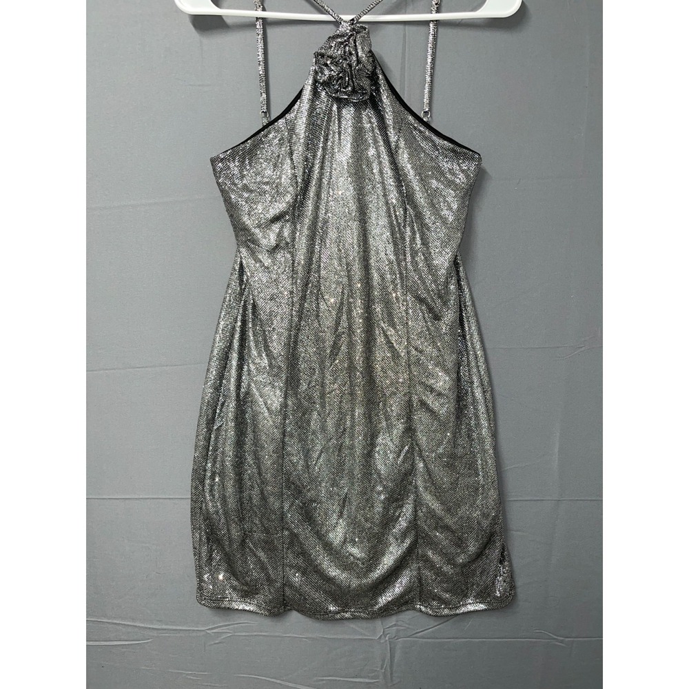 Blue Blush Shift Dress Womens Large Silver Glitter Adjustable Strap Back Zip